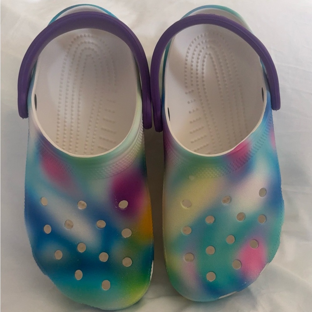 CROCS Purple and Blue Sandals with Swirled Design size J 4